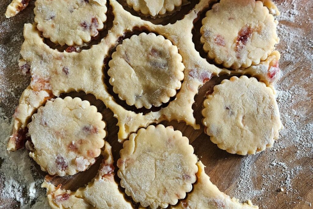Cutting out cherry scones from the dough.